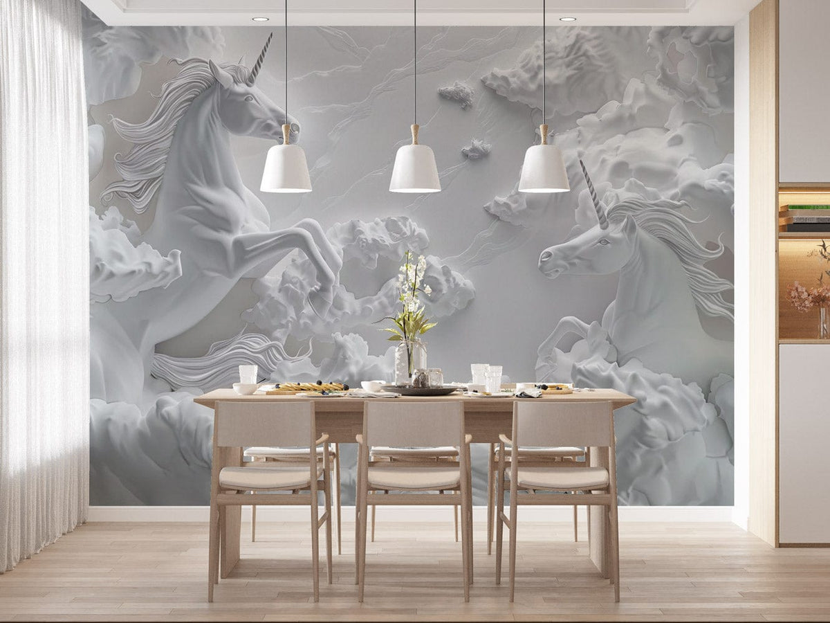 Elegant unicorn cloud fantasy mural wallpaper, oak dining set, light wood flooring, modern pendant lights.