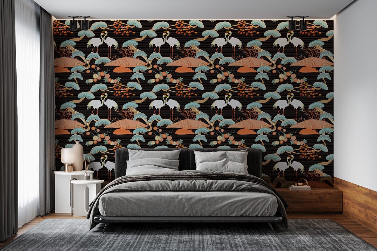 Vintage Japanese crane wallpaper in black and orange, bedroom setting; grey bed, wood accents.