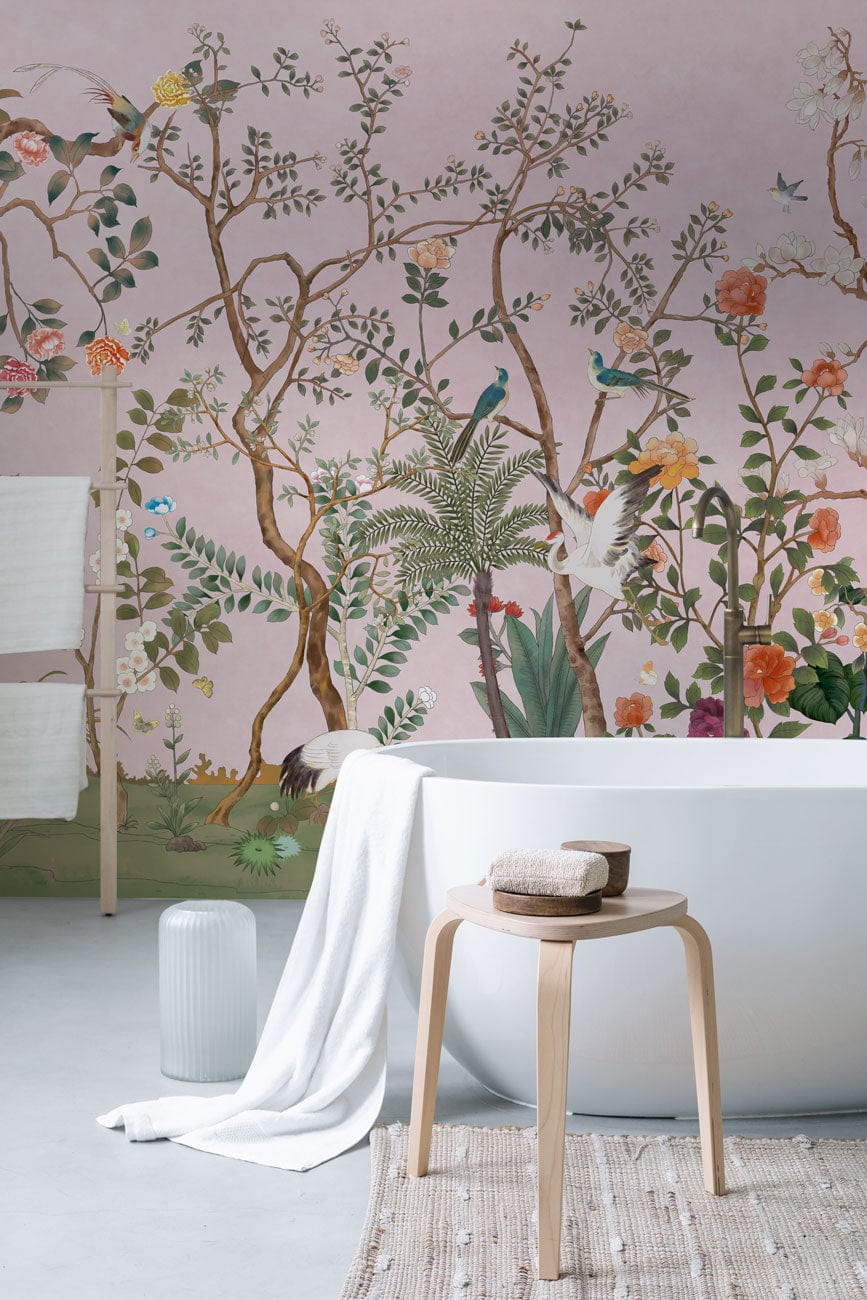 Elegant botanical mural wallpaper in bathroom with freestanding bathtub, pastel colours, modern style decor.