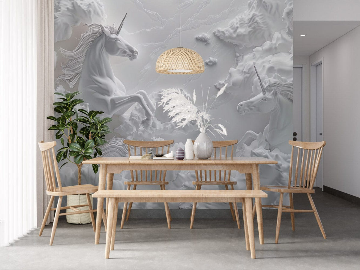 Elegant white unicorn mural wallpaper; natural dining room setting with wooden furniture and grey flooring.