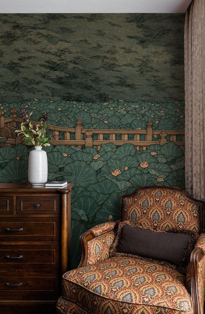 Serene Green Lotus Garden Wallpaper in lounge; patterned armchair, wooden dresser, floral decor.