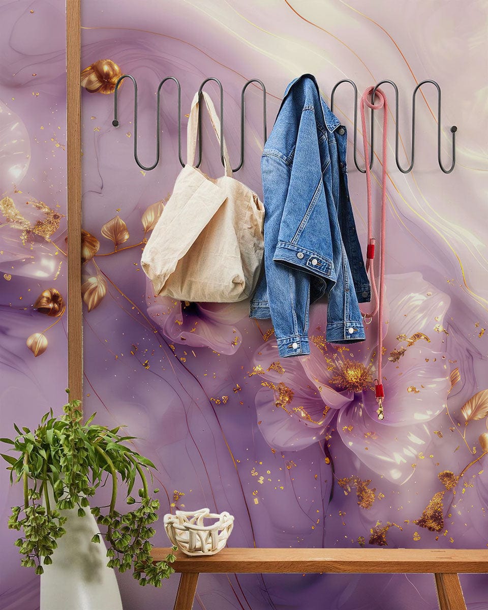 Luxurious lavender and gold floral mural wallpaper; modern coat rack, wooden bench, decorative plant vase.