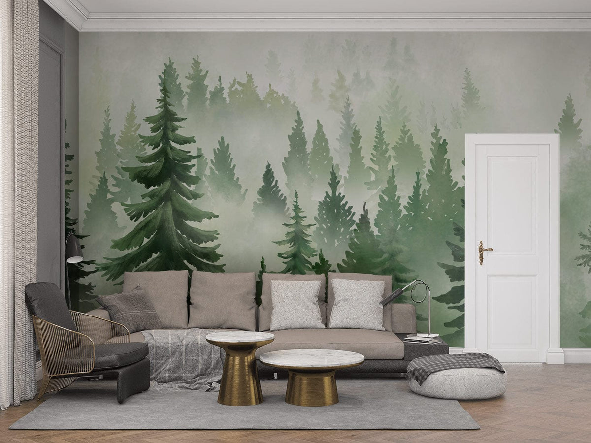 Serene forest mural wallpaper with modern grey sofa, gold tables, herringbone flooring in living room.