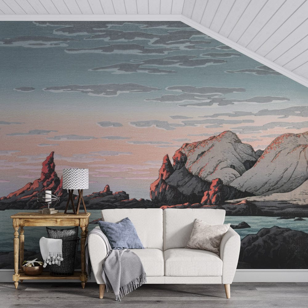 Tranquil Coastal Sunset mural in pastel watercolour style, featuring white sofa, wooden flooring, lounge.