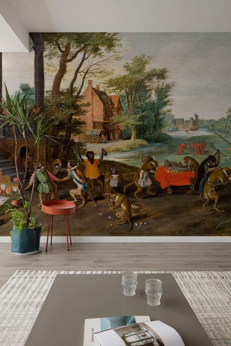 Vintage Monkeys Scenic Mural Wallpaper, living room, grey laminate flooring, beige rug, modern decor elements.