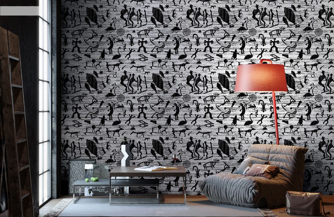 Monochrome Tribal wallpaper with tribal pattern, grey sofa, red lamp, large windows, modern living room.
