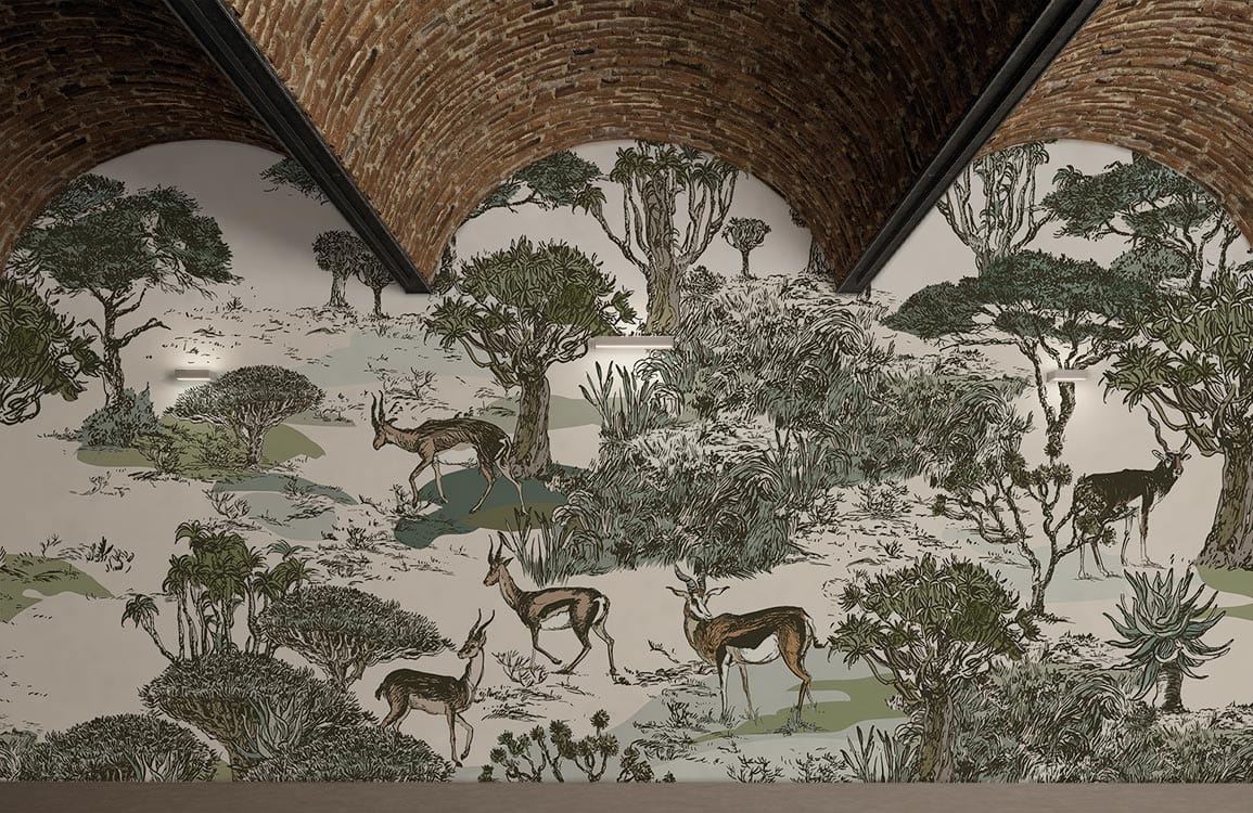 Serene Safari mural wallpaper in earthy green tones with arched brick ceiling, safari landscape design.