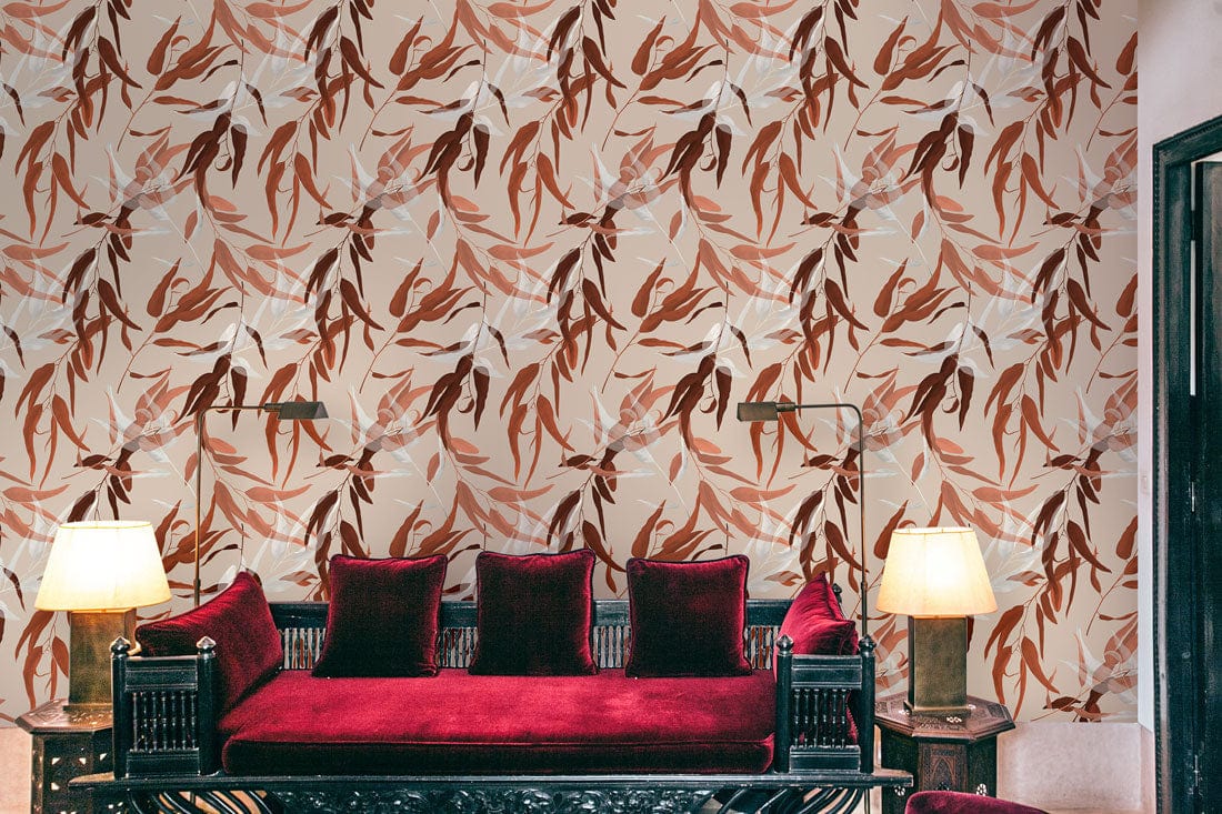 Elegant Autumnal Foliage Wallpaper with vibrant red sofa and lamps in stylish living room setting.