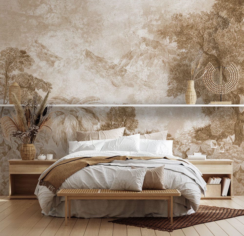 Vintage sepia woodland mural wallpaper in bedroom, wooden bed, neutral decor, light wood flooring.