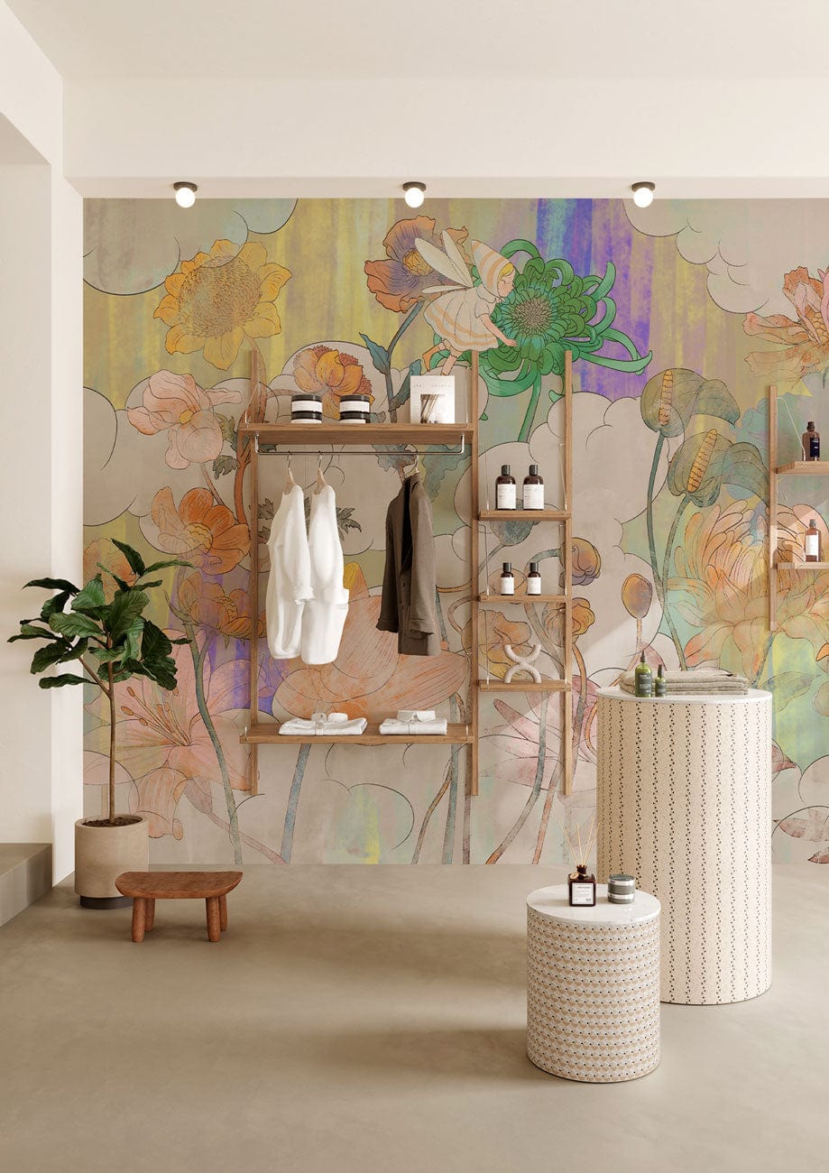 Pastel Dreamscape Floral Mural Wallpaper with Watercolour Blossoms adorns chic, modern room. Neutral flooring.