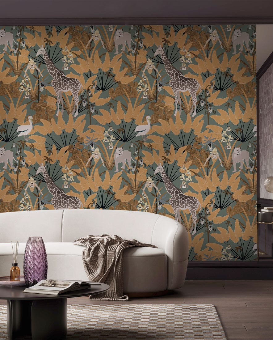 Tropical Safari Adventure Wallpaper with giraffes, earthy green, gold; curved white sofa, rug, wooden flooring.