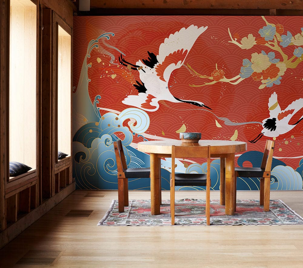 Japanese Crane Serenity Mural with red, blue waves, stylish dining set, wooden flooring, cosy café atmosphere.