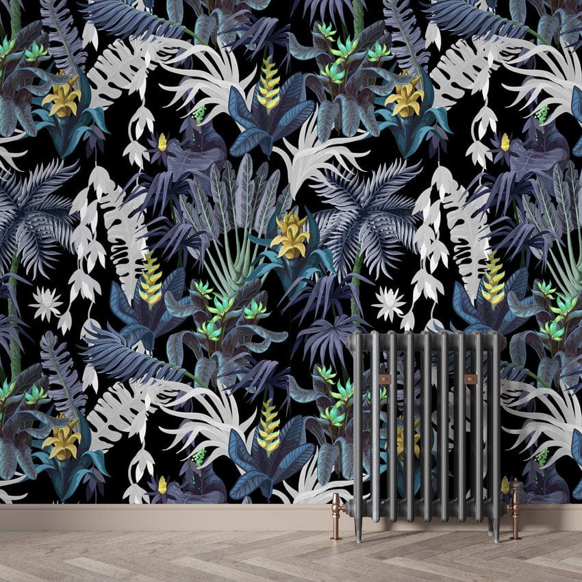 Dark botanical wallpaper with blue and green tones, visible radiator, wood flooring in living room.