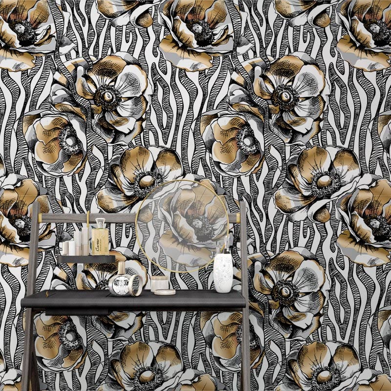 Vintage Botanical Black and Gold Floral Wallpaper enhances room with decorative shelf elements, elegant design.