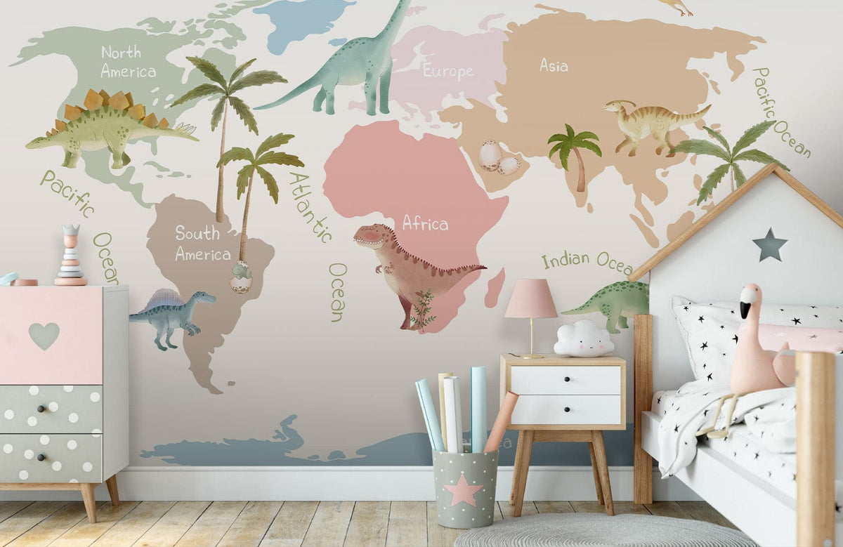 Children's Dinosaur World Map Mural Wallpaper in colourful, educational nursery with wooden flooring and bed.