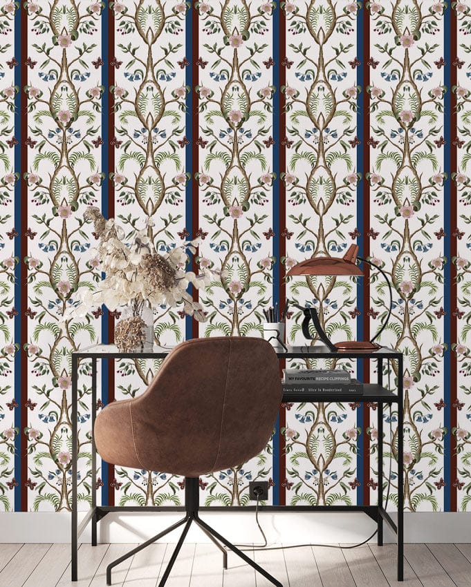 Elegant Vintage Floral Wallpaper, Blue Beige Accents, Brown Chair, Black Metal Desk, Light Wood Flooring.