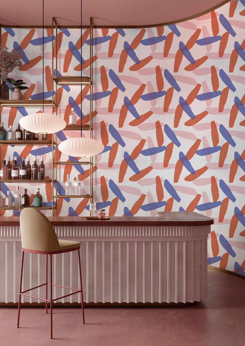 Geometric abstract wallpaper with bar, curved pink counter, elegant lighting in modern interior setting.