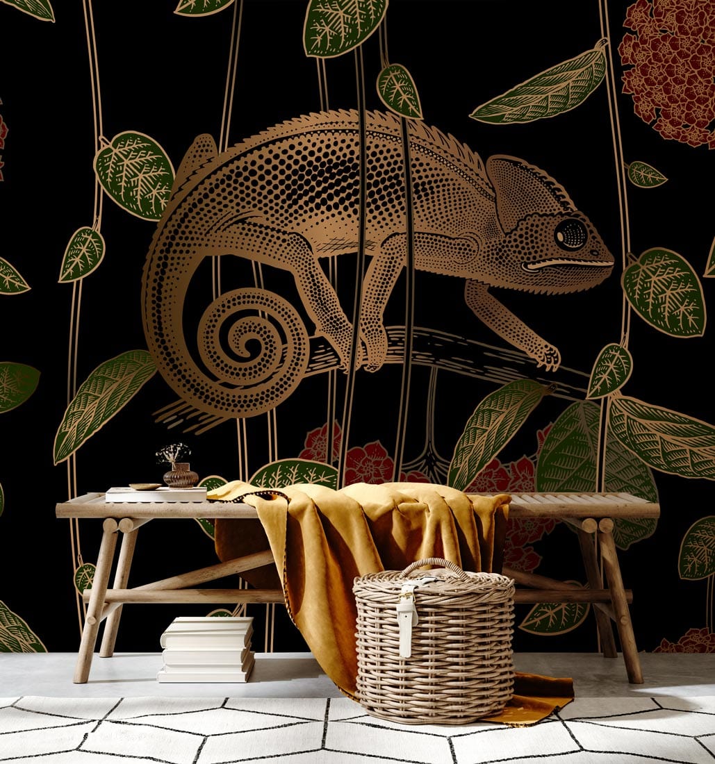 Exotic Chameleon Jungle wallpaper with chameleon, bench seating, hexagonal white flooring, no dimensions displayed.