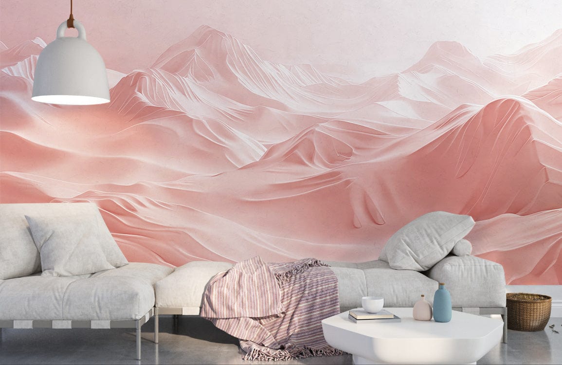 Blush Desert Dreamscape Wallpaper in living room with grey sofa, white table, pendant light, concrete floor.