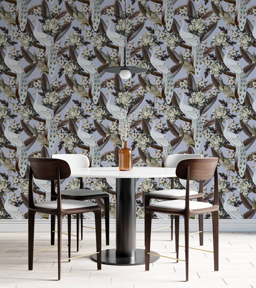 Charming Vintage Bird and Floral Wallpaper in dining room with modern table and chairs, light flooring.