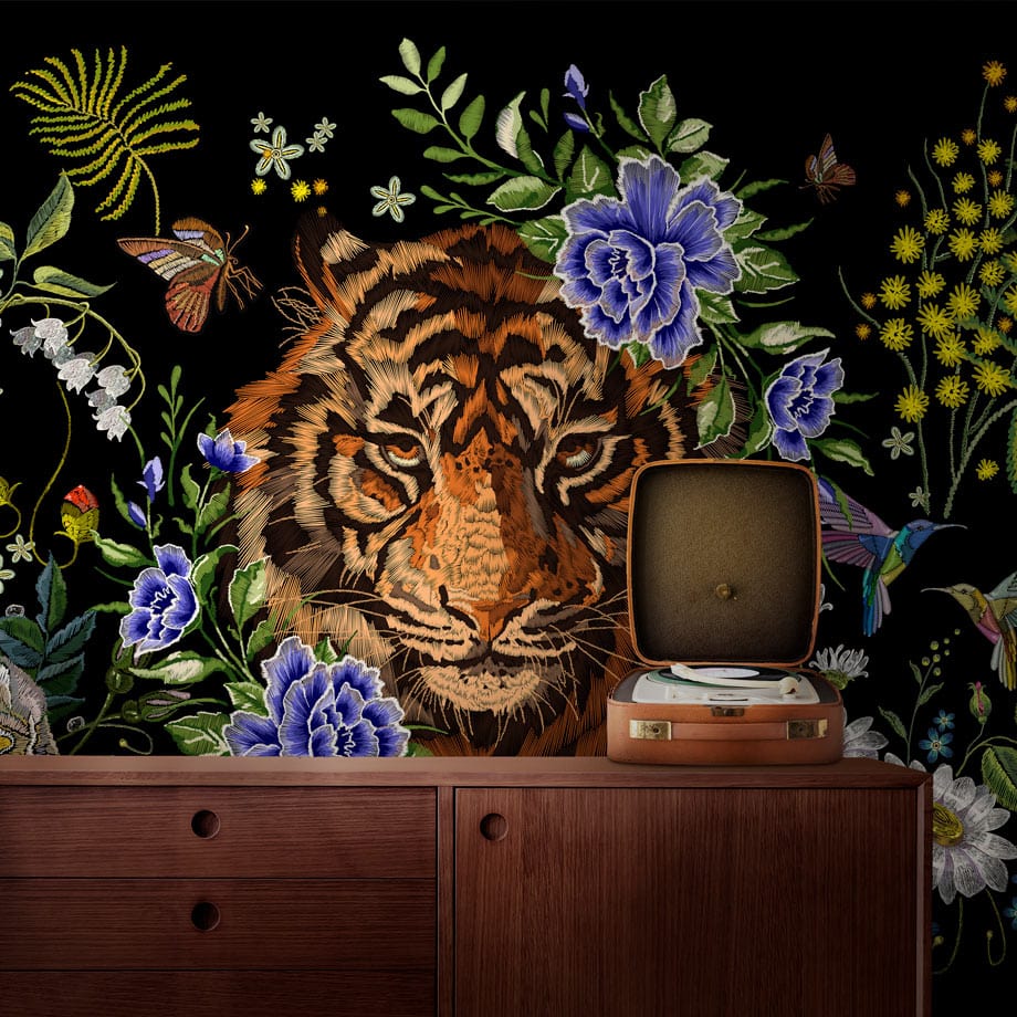 Floral Tiger Jungle Mural Wallpaper, vibrant colours, exotic patterns, vintage record player, dark wood cabinet.