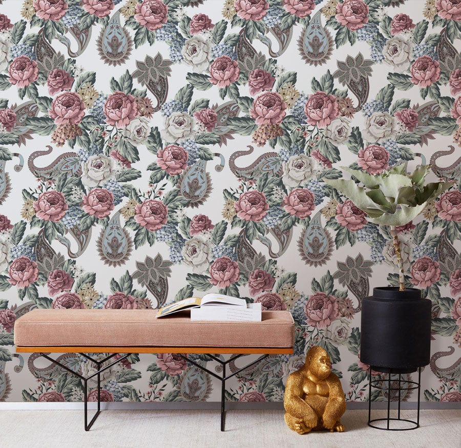 Vintage Floral Elegance Wallpaper with pink roses, green foliage, pink bench, golden statue decor.