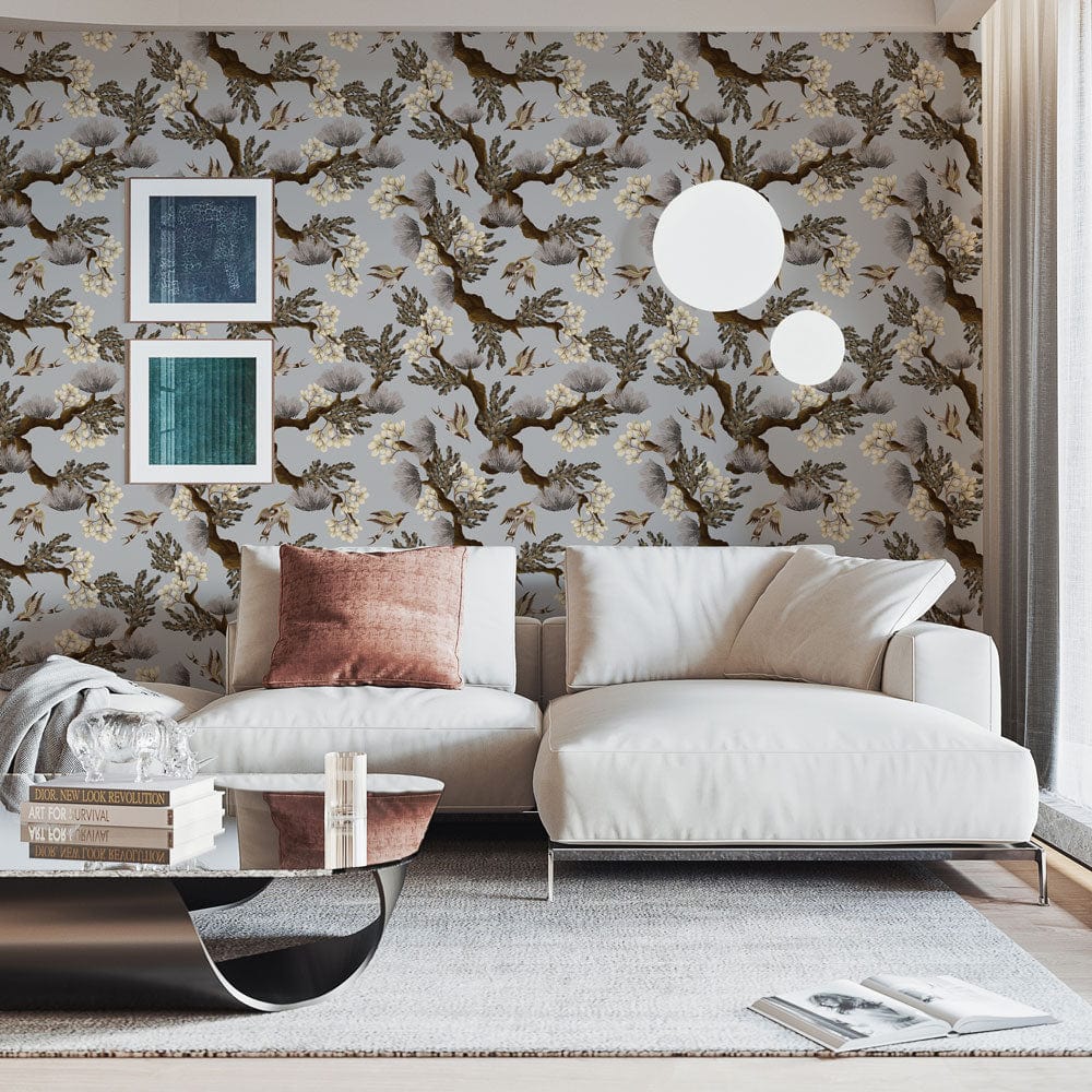 Vintage Botanical Elegance wallpaper; grey and brown floral design complements modern white sofa, wood flooring.