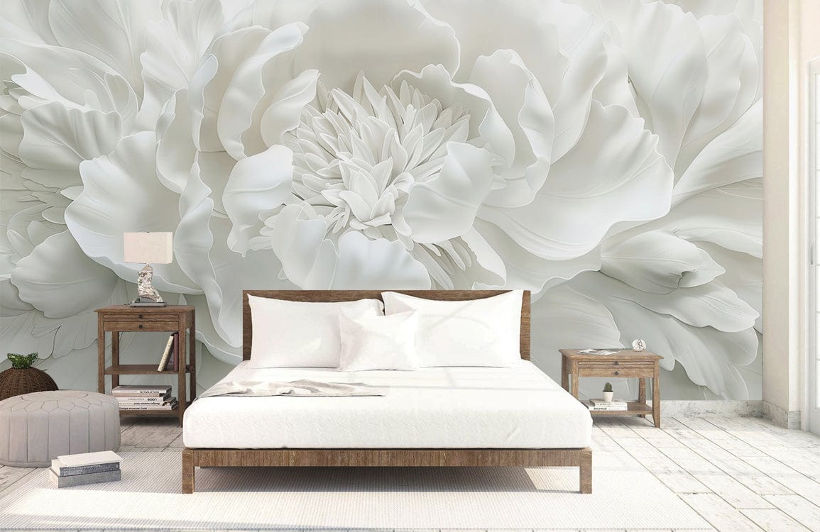 Elegant white floral 3D mural wallpaper in bedroom with wooden bed, grey ottoman, and contemporary decor.