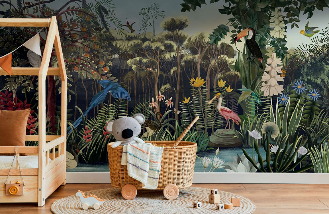 Elegant Jungle Dream Mural Wallpaper in kids room; wooden furniture, hardwood floor, tropical paradise design.