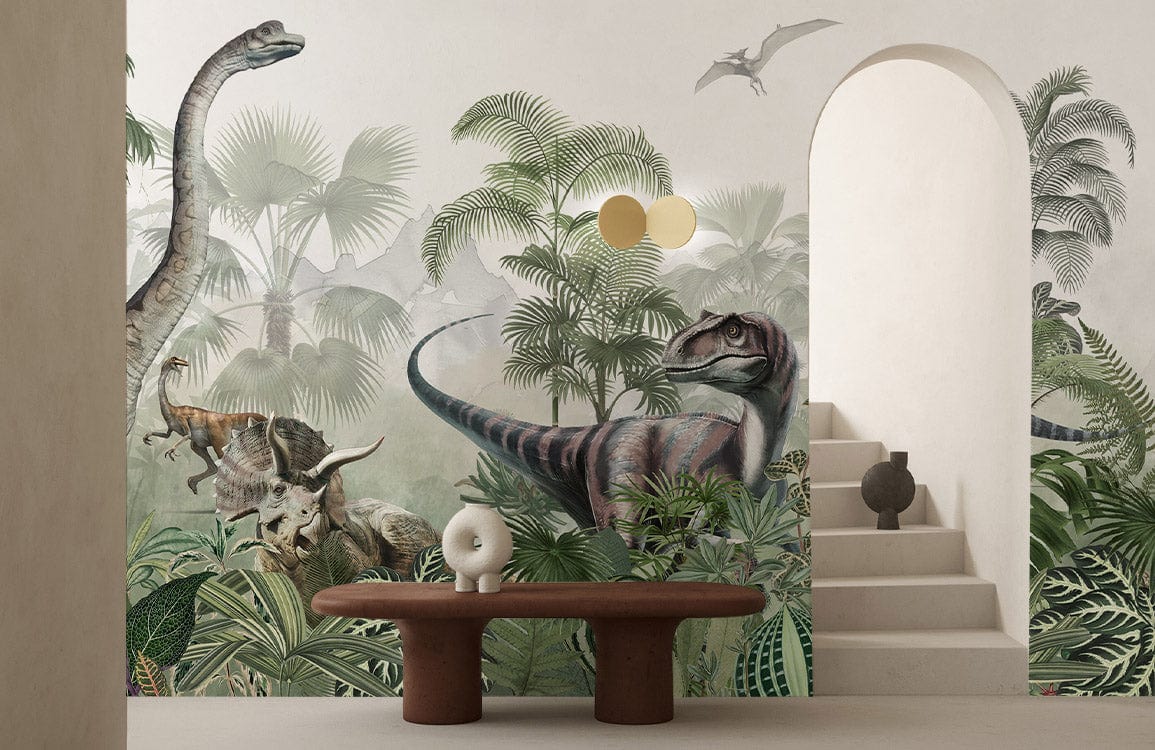 Jurassic Jungle Dinosaur Mural Wallpaper in green, archway, beige steps, brown bench, modern kids' room.