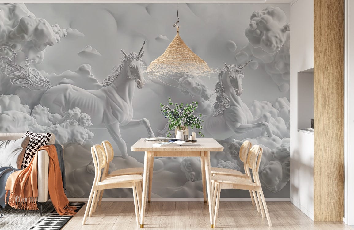 Elegant White Unicorn 3D Mural Wallpaper in dining room with wooden chairs, rattan pendant, and light flooring.