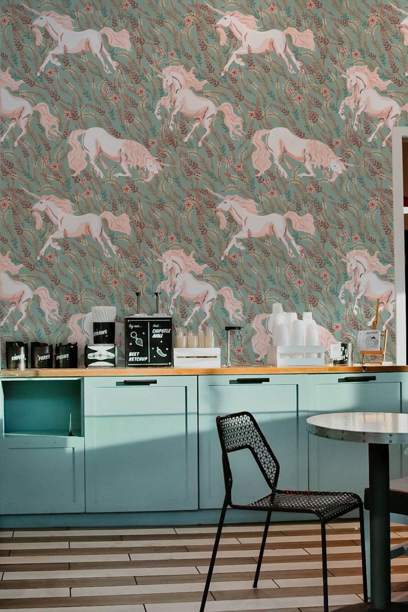 Elegant Pastel Unicorn Fantasy Green Wallpaper in a kitchen with pastel cabinets and patterned flooring.