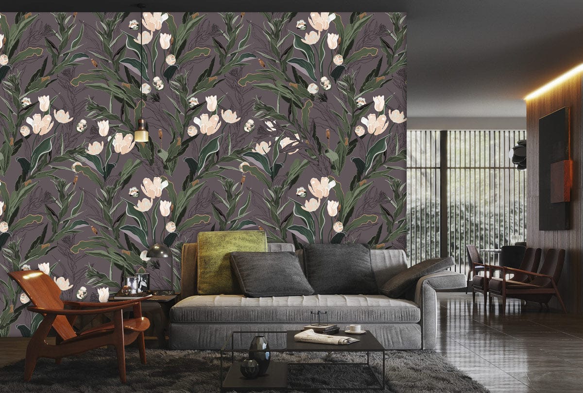 Moody Botanical Tulip Garden Wallpaper