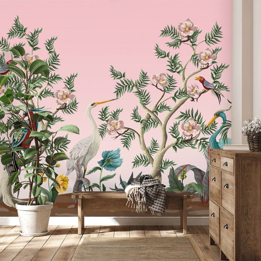 Elegant pastel botanical bird mural in vintage nature scene, wooden bench, pink wall, wooden flooring.