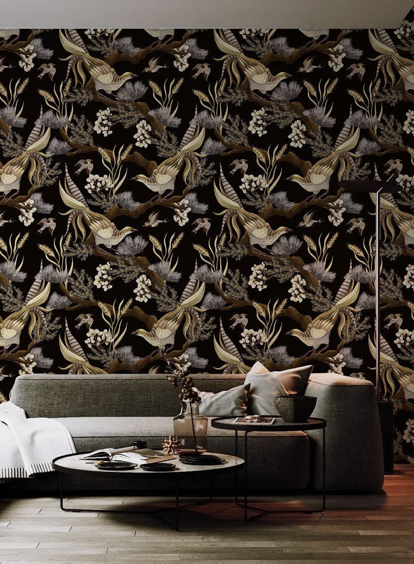 Elegant black gold nature-patterned wallpaper, grey sofa, round coffee table, wooden flooring, modern living room.