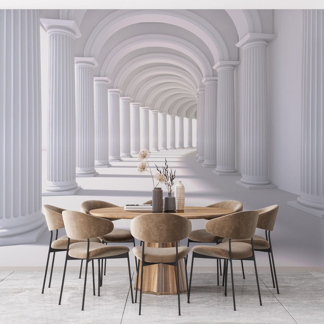 Classic White Archway Columns Wallpaper Mural in dining room with beige chairs and wooden table, tiled flooring.