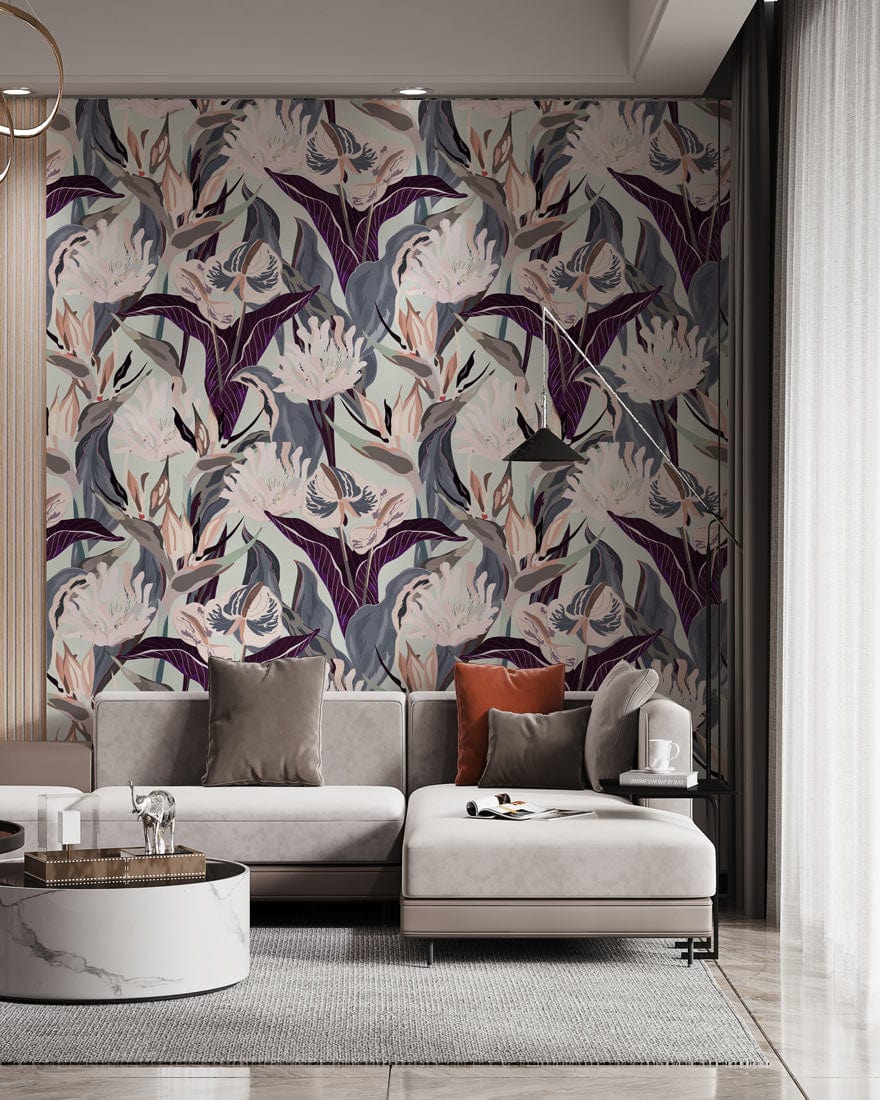 Floral Elegance Botanical Mural Wallpaper in living room with grey sofa, marble table, modern decor.