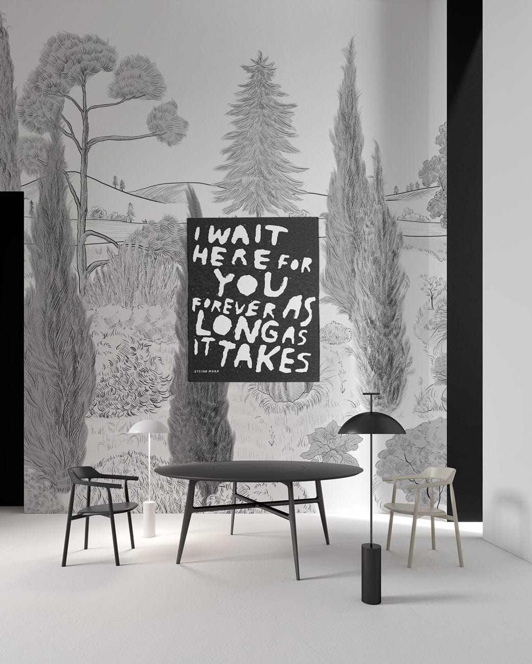 Elegant grey landscape mural wallpaper in modern room with monochrome furniture and minimalist decor.