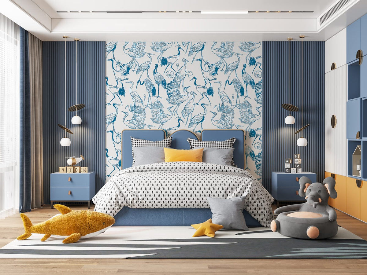 Elegant Blue Heron Pattern Wallpaper in child's room with modern furniture, playful decor, wooden flooring.