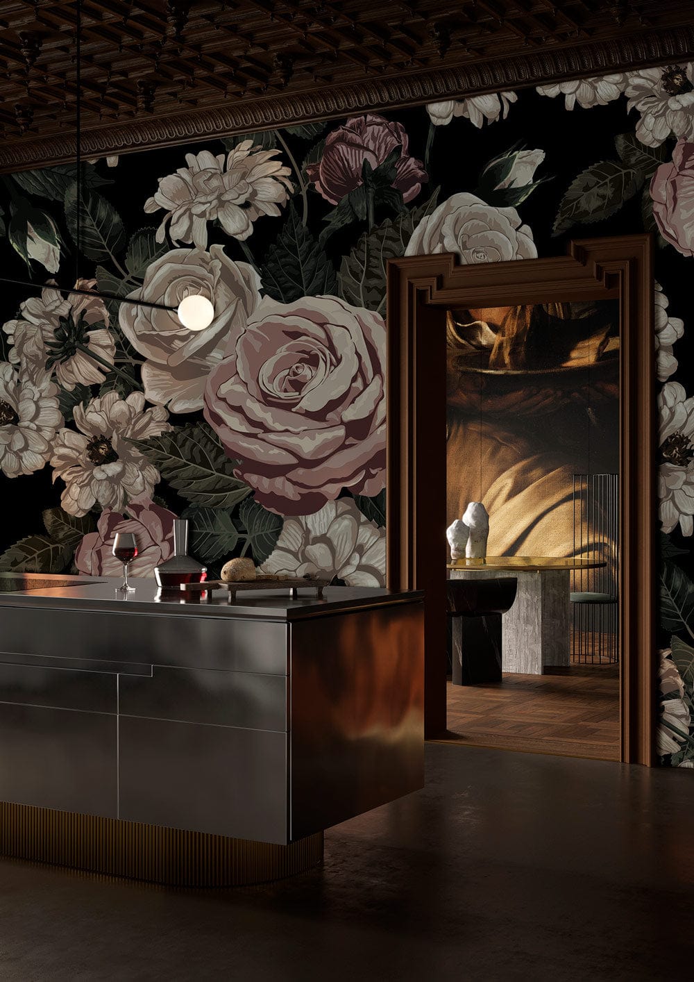 Luxurious kitchen with Vintage Floral Elegance mural, featuring black rose and peony patterned wallpaper.