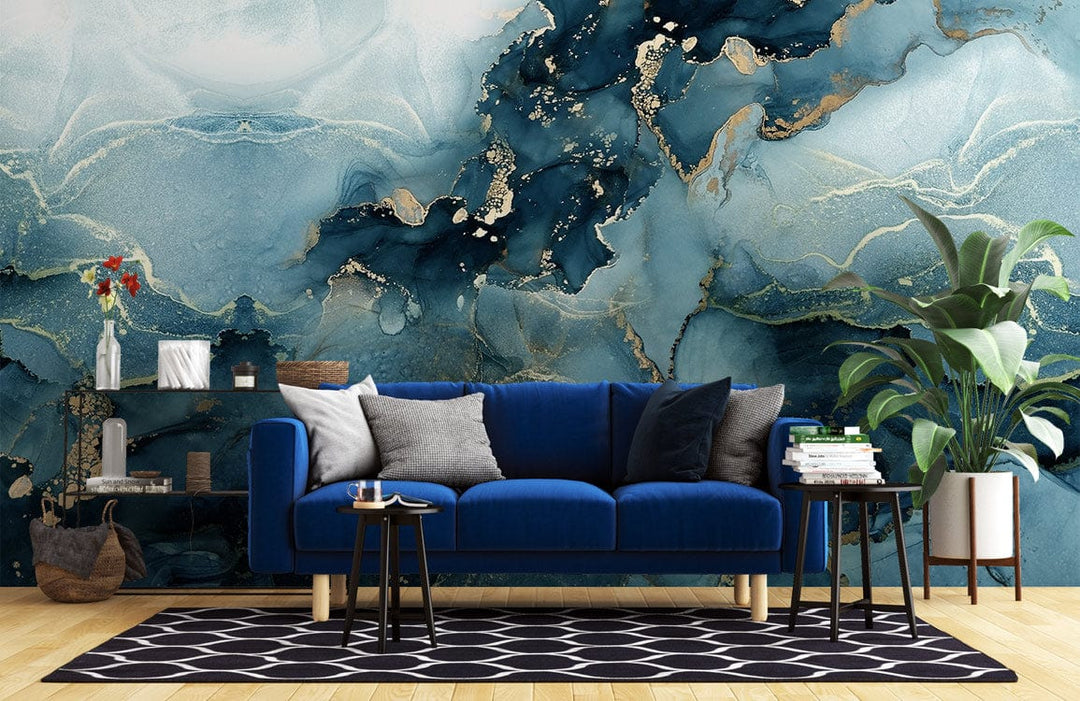 Elegant mural wallpaper with marble effect; blue sofa, abstract design; luxurious living room decor.