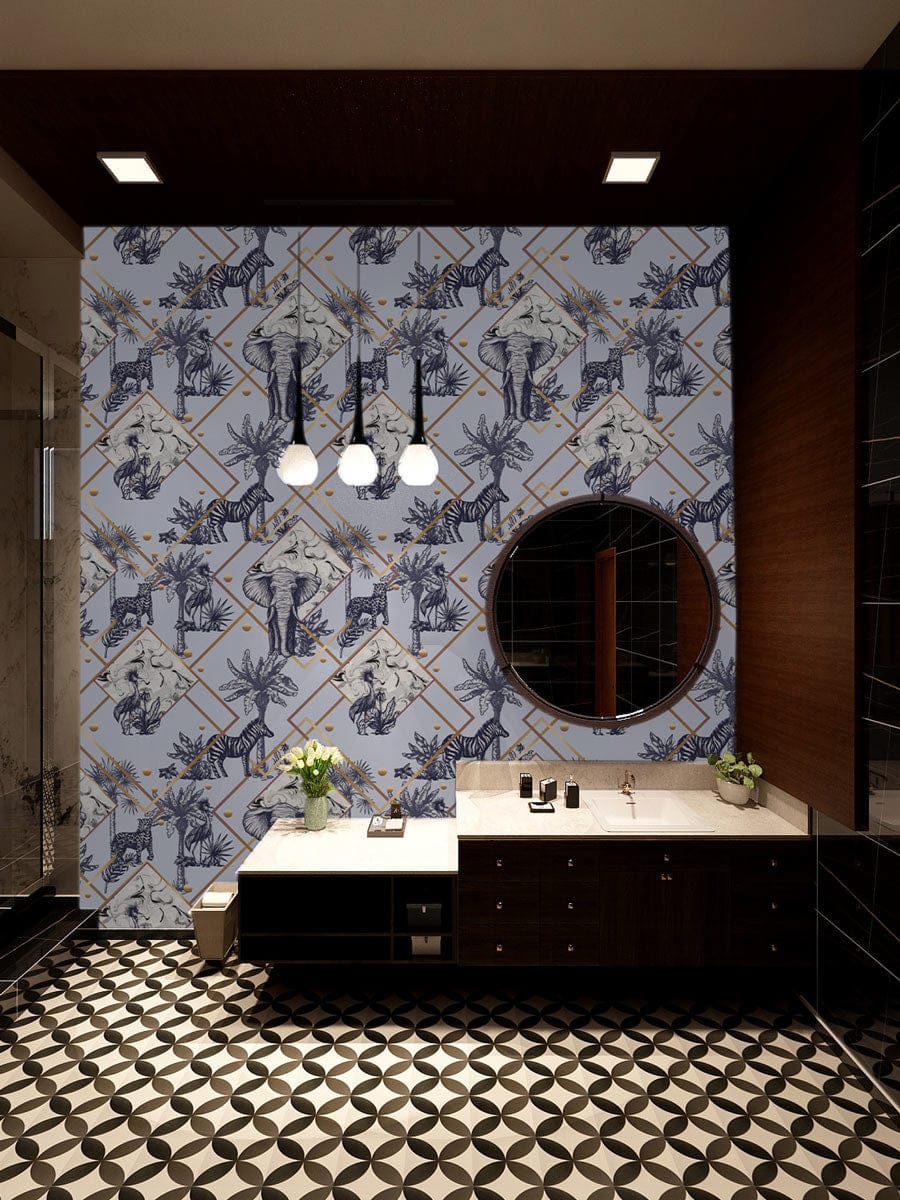 Elegant Safari Adventure mural wallpaper in blue and gold tones, bathroom, geometric flooring, modern vanity.