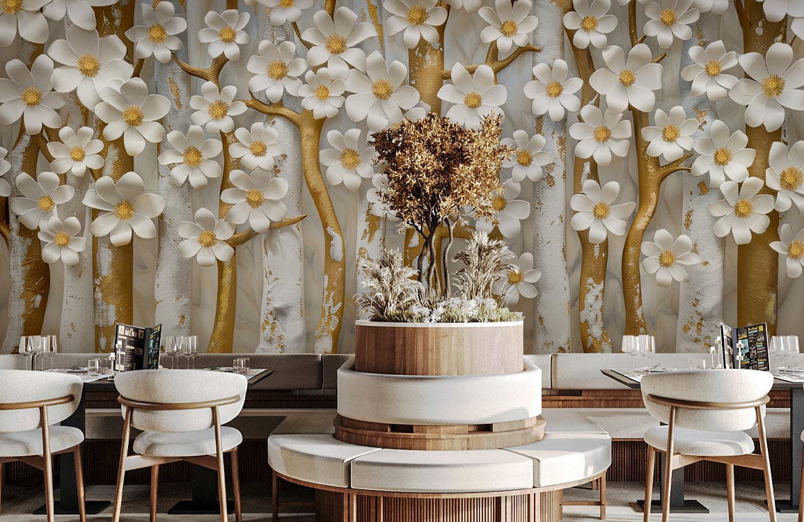 Luxurious mural wallpaper with 3D floral design, featuring white chairs, wood accents, elegant dining setting.