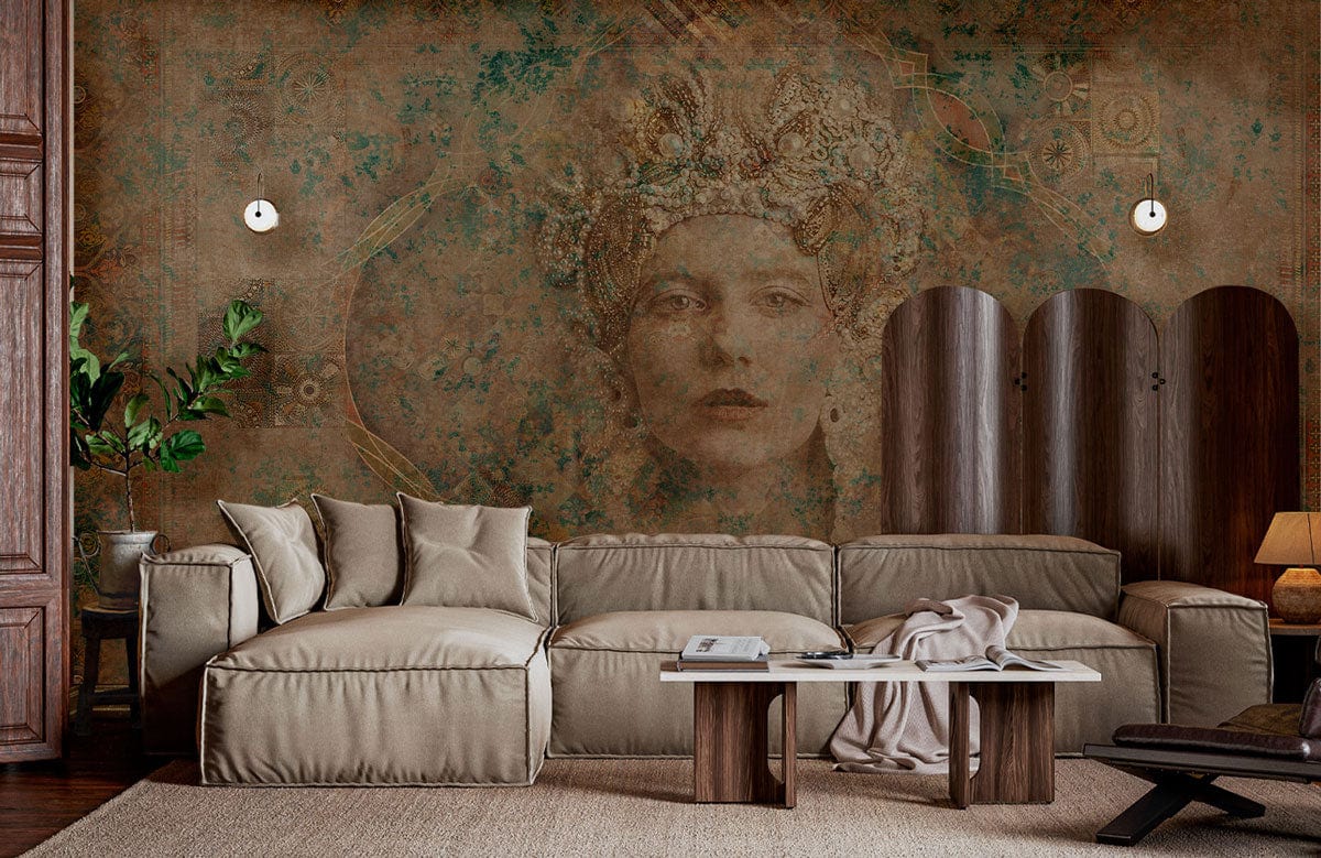 Mystical vintage queen mural with beige sofa, wooden room divider, and contemporary art on teal wall.