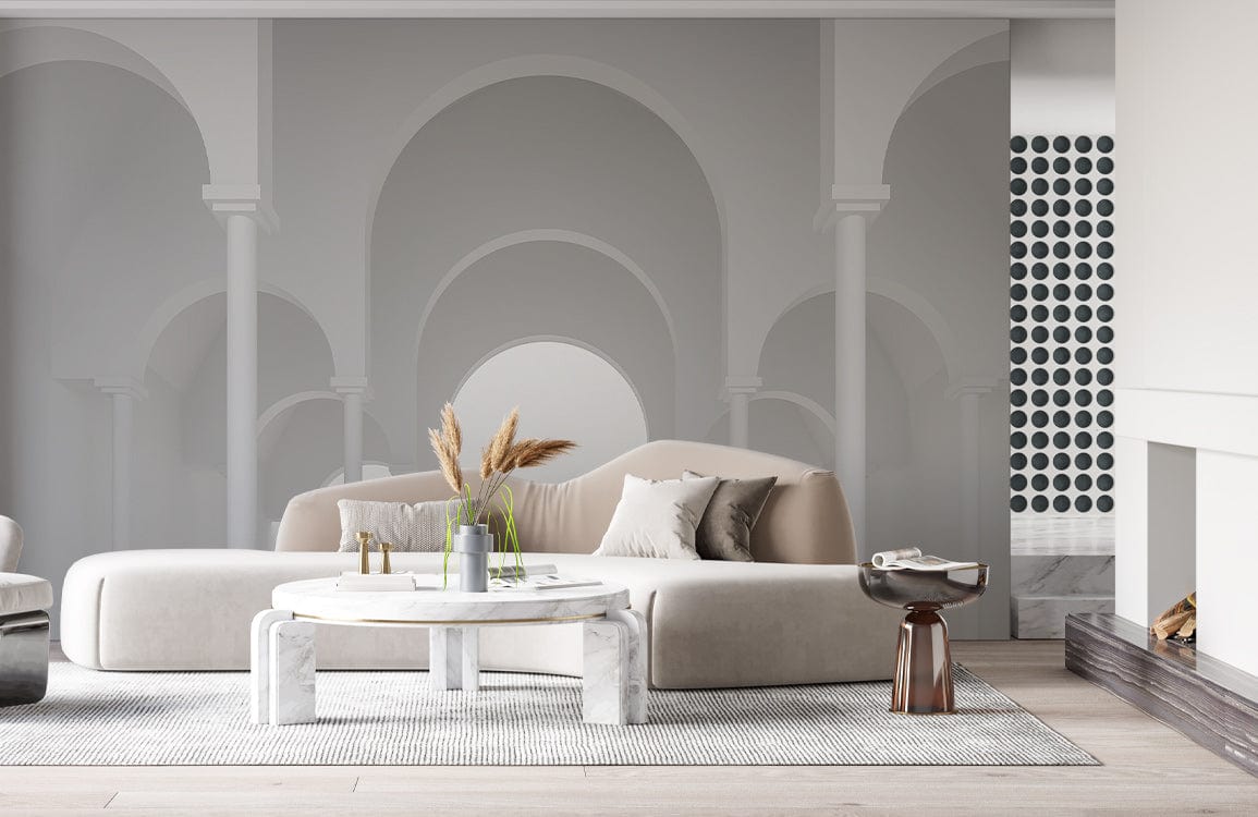 Luxurious contemporary lounge with white archway mural wallpaper, beige sofa, sleek coffee table, and wooden flooring.