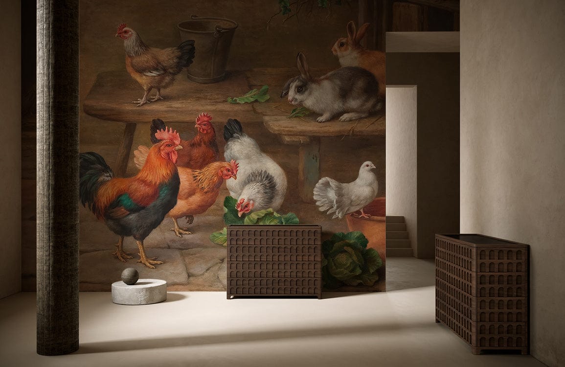 Vintage farmyard mural featuring rustic farm animals, stone flooring, wooden cabinets, and neutral wall colour.