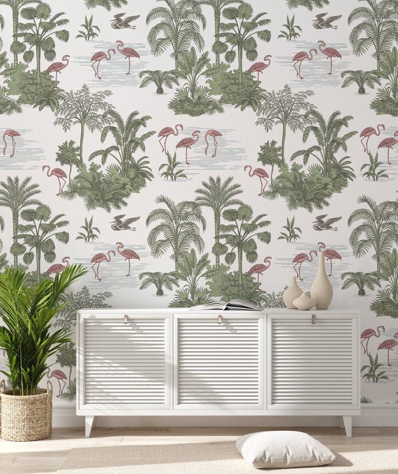 Elegant Tropical Flamingo wallpaper in living room with white sideboard, light wood flooring, decorative vases.