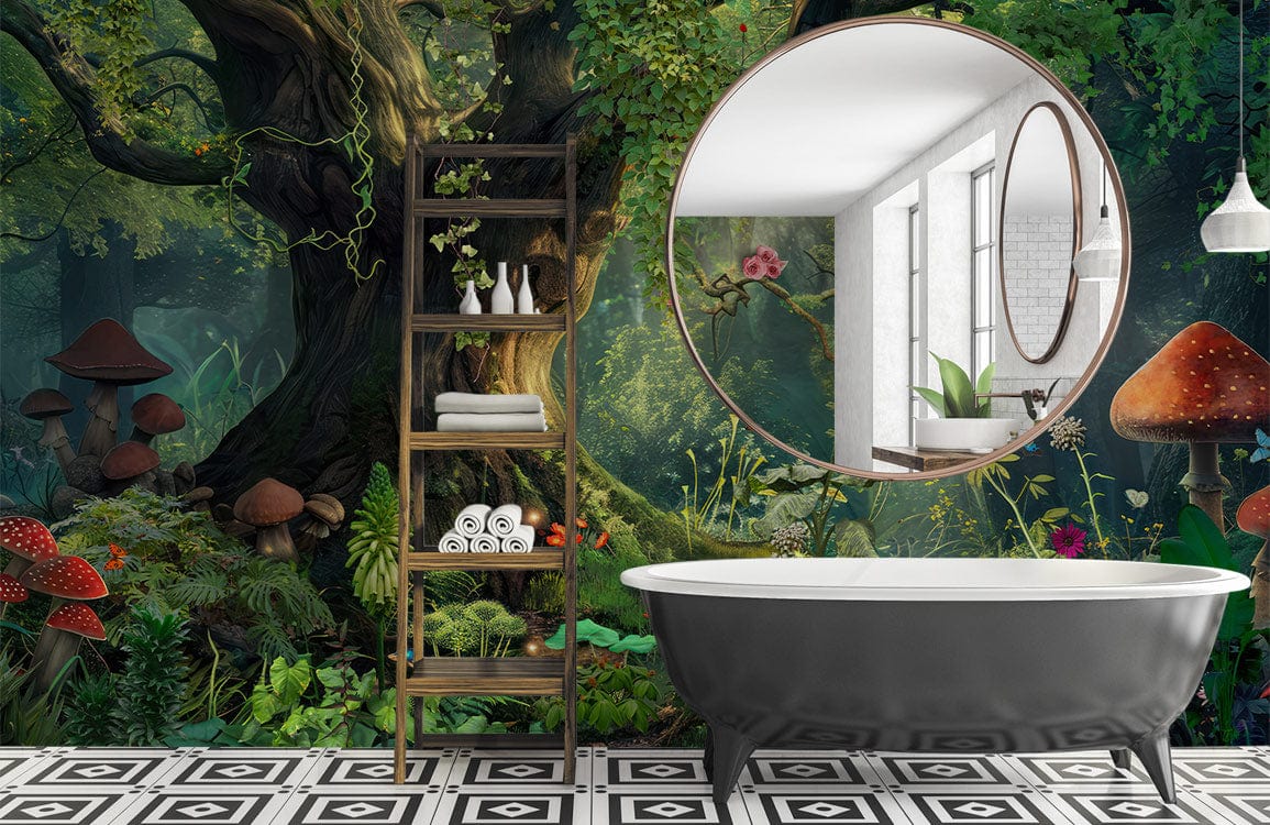 Spacious bathroom with Enchanted Forest mural, black bathtub, geometric tiles, round mirror, and ladder shelf.