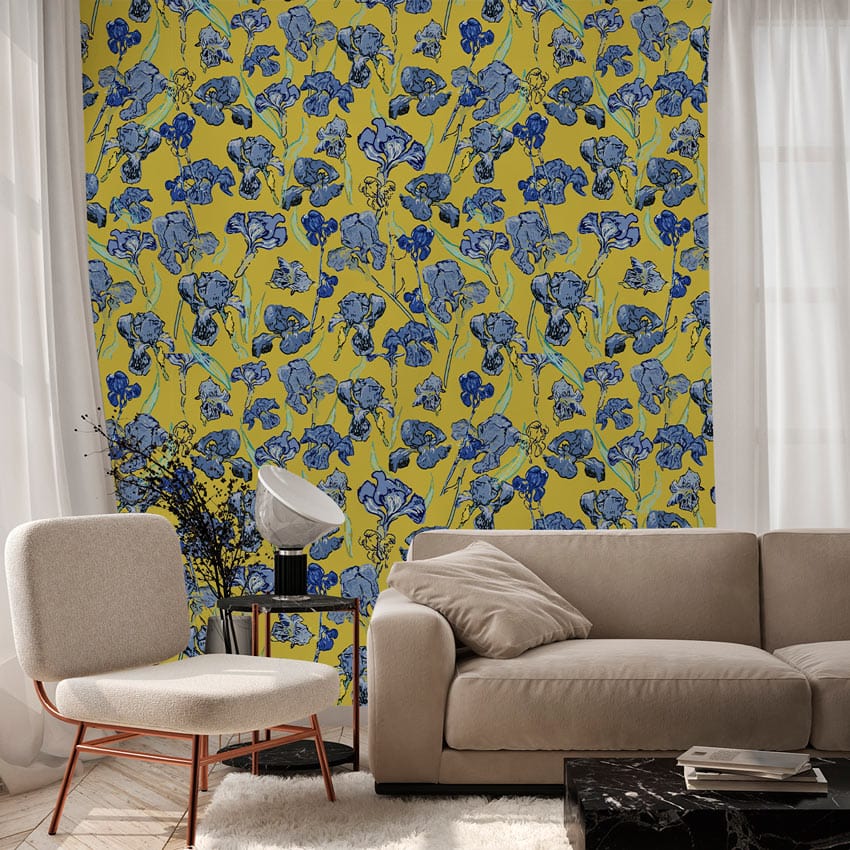 Vintage blue floral wallpaper on mustard, beige sofa, modern chair, shaggy rug, stylish living room.