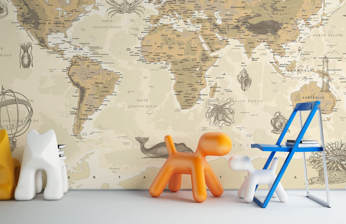 Vintage Sepia World Map Mural Wallpaper, nautical illustrations, colourful modern sculptures, blue ladder, white flooring.